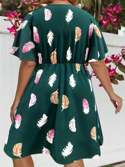 Feather Print V Neck Midi Dress Plus Size