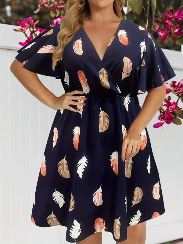 Feather Print V Neck Midi Dress Plus Size
