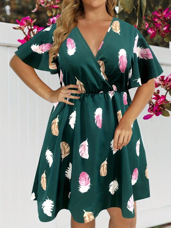 Feather Print V Neck Midi Dress Plus Size