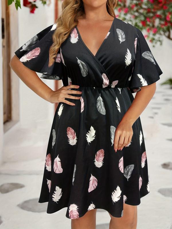 Feather Print V Neck Midi Dress Plus Size