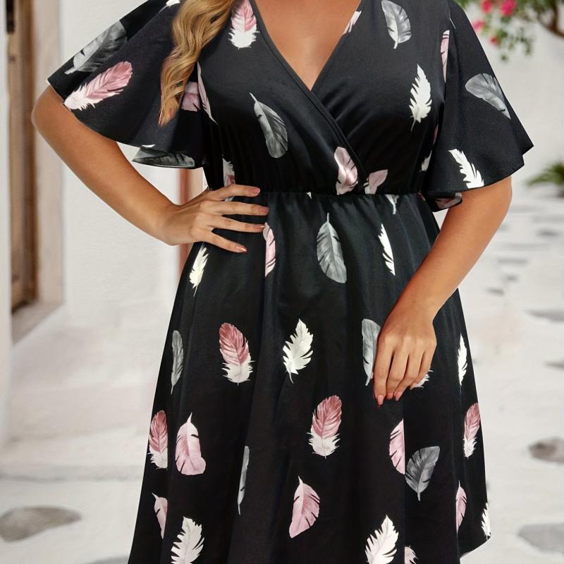 Feather Print V Neck Midi Dress Plus Size