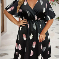 Feather Print V Neck Midi Dress Plus Size