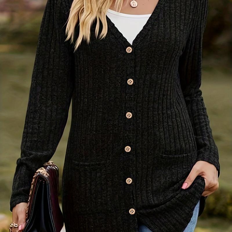 Women's Plus Ribbed Knit Long Sleeve Cardigan With Pockets