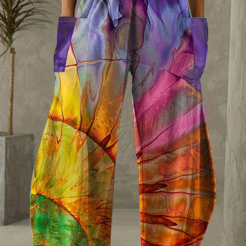 Ombre Print High Rise Wide Leg Pants Plus Size Casual Non Stretch Wide Leg Pants