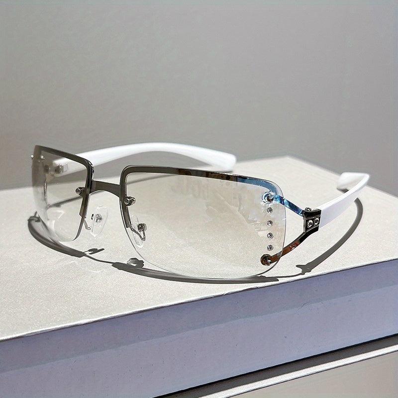 Y2K Rimless Sunglasses Gradient Lens Futuristic Rhinestone Eyewear UV 400