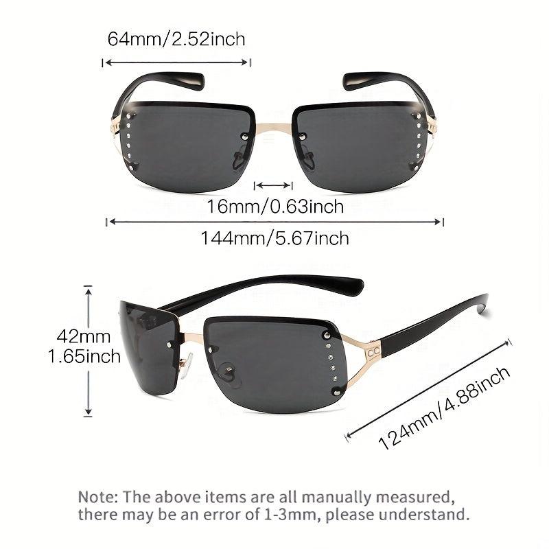Y2K Rimless Sunglasses Gradient Lens Futuristic Rhinestone Eyewear UV 400