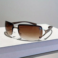 Y2K Rimless Sunglasses Gradient Lens Futuristic Rhinestone Eyewear UV 400