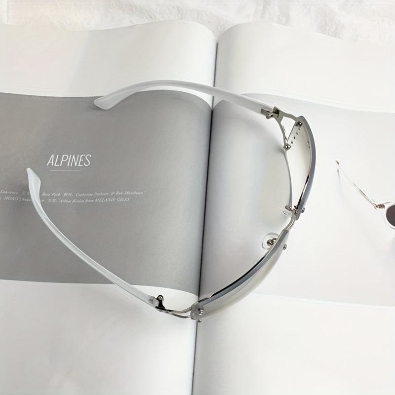 Y2K Rimless Sunglasses Gradient Lens Futuristic Rhinestone Eyewear UV 400