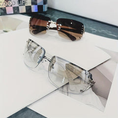 Y2K Rimless Sunglasses Gradient Lens Futuristic Rhinestone Eyewear UV 400