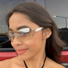 Y2K Rimless Sunglasses Gradient Lens Futuristic Rhinestone Eyewear UV 400
