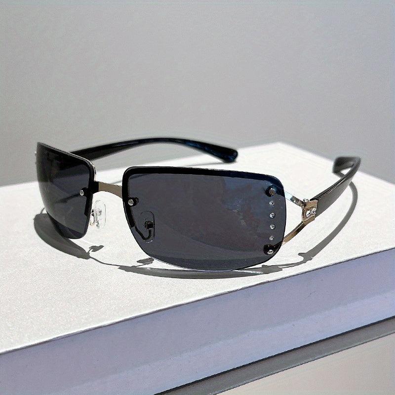 Y2K Rimless Sunglasses Gradient Lens Futuristic Rhinestone Eyewear UV 400