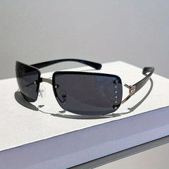 Y2K Rimless Sunglasses Gradient Lens Futuristic Rhinestone Eyewear UV 400