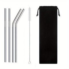 4pc Reusable Stainless Steel Straw & Brush Set with Bag