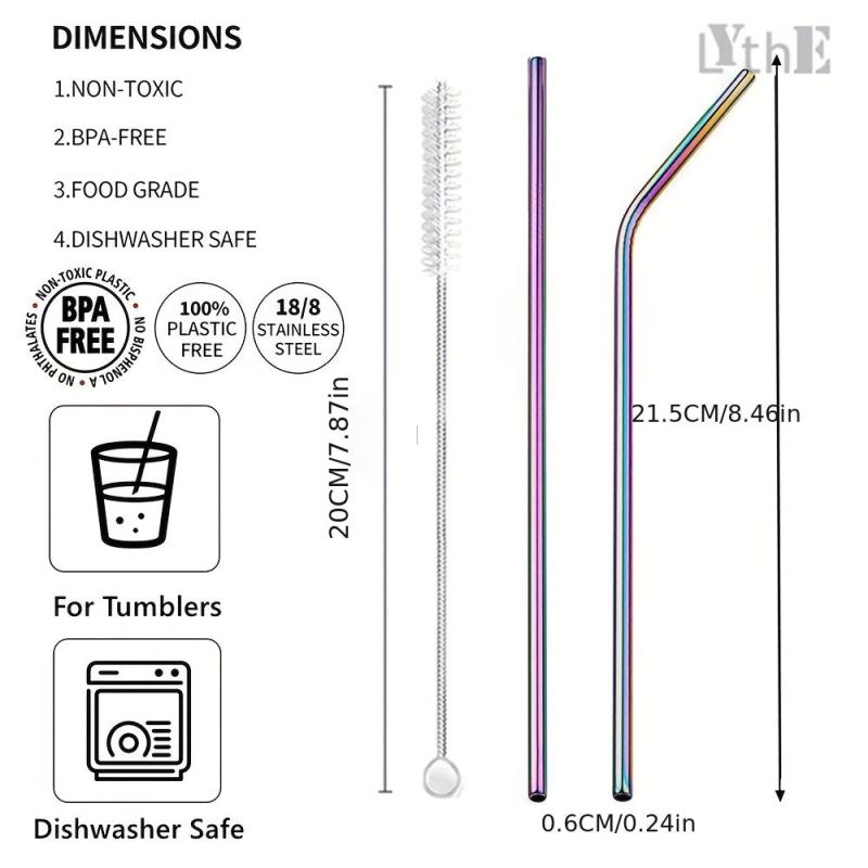 11pcs Rainbow Metal Straws Set w/ Cleaner Brush 304 Stainless Steel