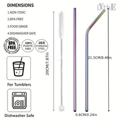 11pcs Rainbow Metal Straws Set w/ Cleaner Brush 304 Stainless Steel