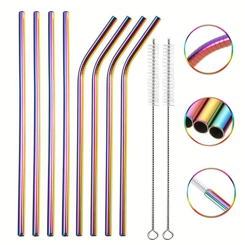 11pcs Rainbow Metal Straws Set w/ Cleaner Brush 304 Stainless Steel