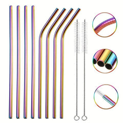 11pcs Rainbow Metal Straws Set w/ Cleaner Brush 304 Stainless Steel