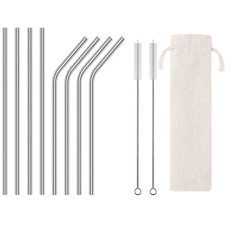 Eco Stainless Steel Straw Set 8 Straws 2 Brushes & Bag
