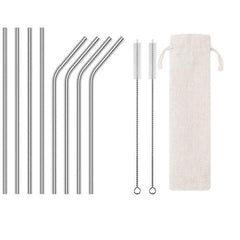 Eco Stainless Steel Straw Set 8 Straws 2 Brushes & Bag