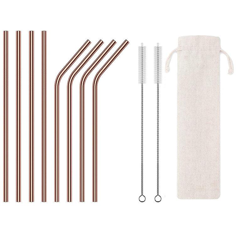 Eco Stainless Steel Straw Set 8 Straws 2 Brushes & Bag