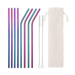 Eco Stainless Steel Straw Set 8 Straws 2 Brushes & Bag