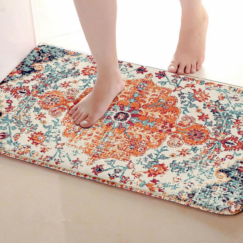 Floral Print Kitchen Rug Vintage Bohemian Non slip Floor Mat Washable