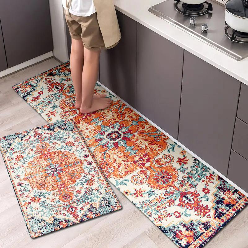 Floral Print Kitchen Rug Vintage Bohemian Non slip Floor Mat Washable