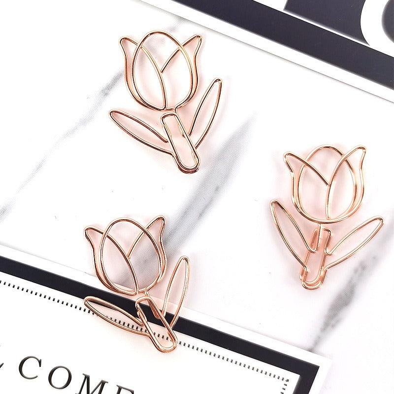 3pcs Rose Golden Tulip Paper Clip Bookmark Holder Stationery