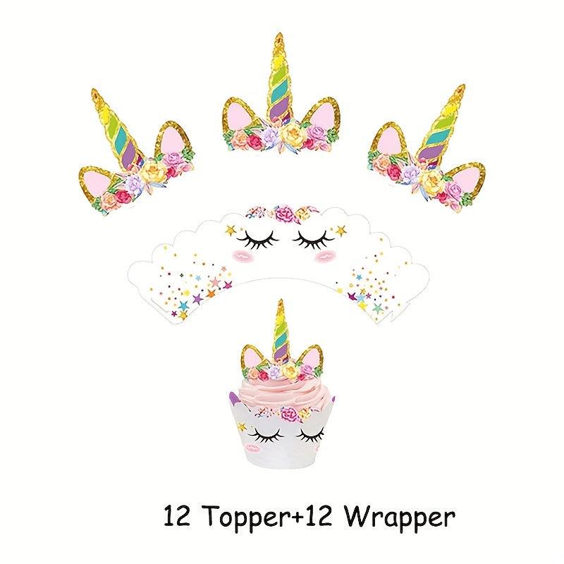 24pcs Unicorn Party Cupcake Wrappers Cake Toppers Baby Shower Cupcake Decor