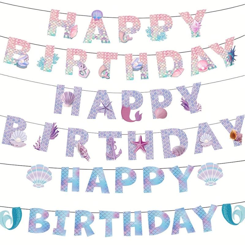 Mermaid Happy Birthday Banner Fish Scale Wall Decoration