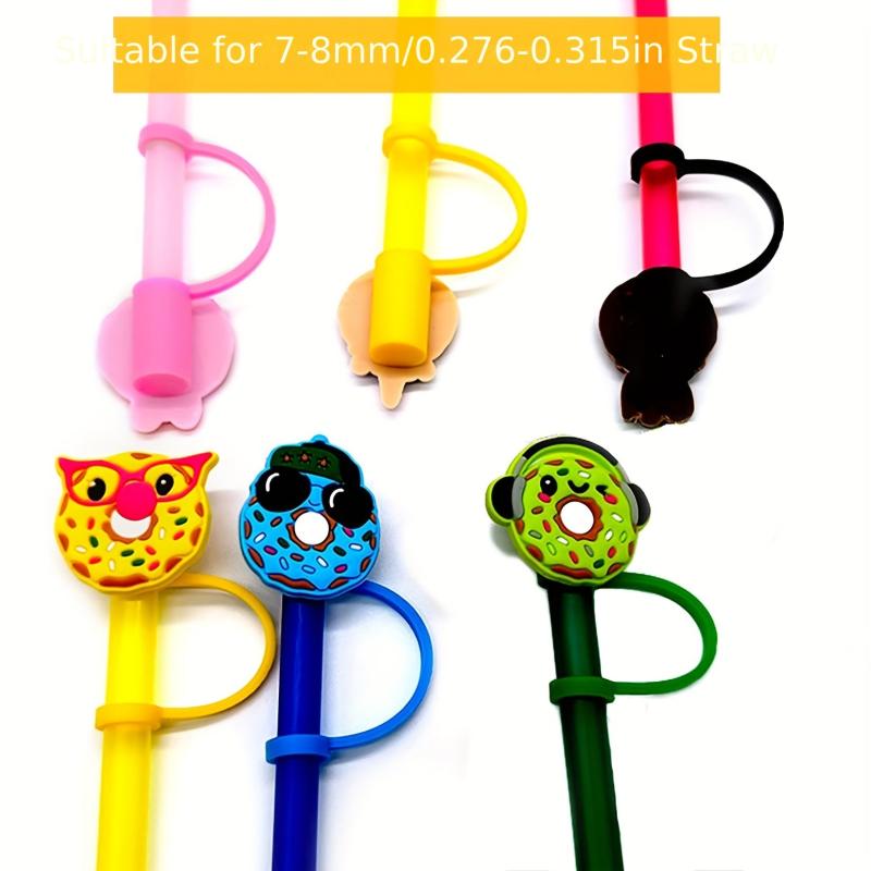 Cute Donut Straw Tips Cover - Reusable Silicone Aniame Drinking Straw Topper