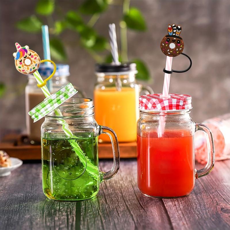 Cute Donut Straw Tips Cover - Reusable Silicone Aniame Drinking Straw Topper