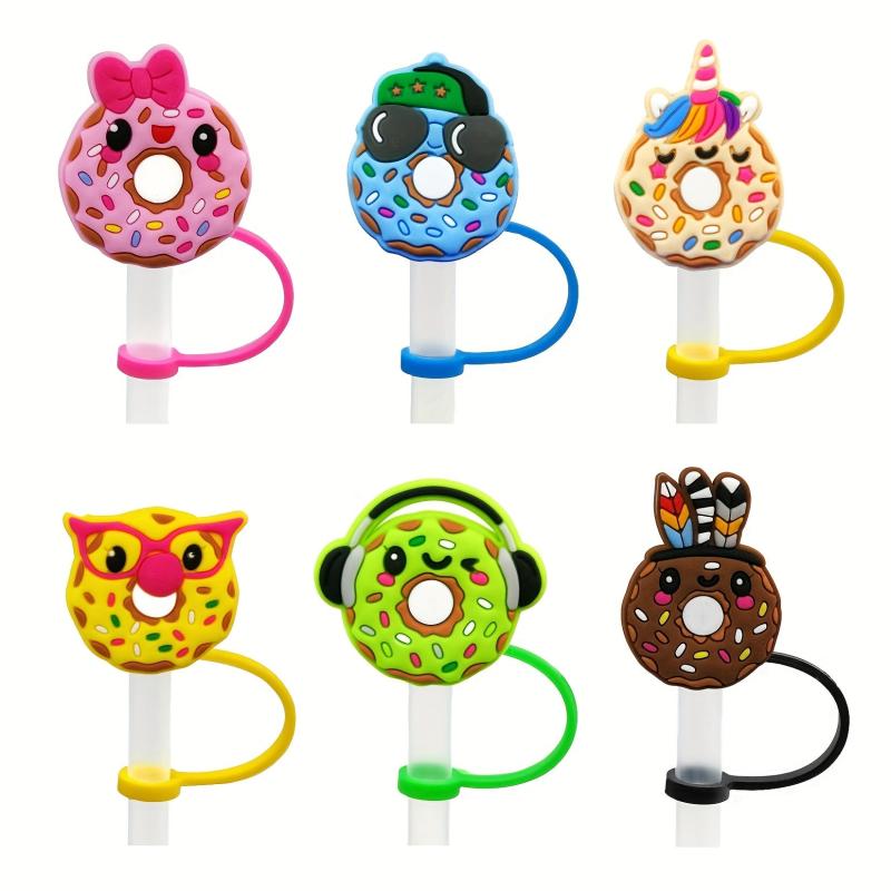 Cute Donut Straw Tips Cover - Reusable Silicone Aniame Drinking Straw Topper