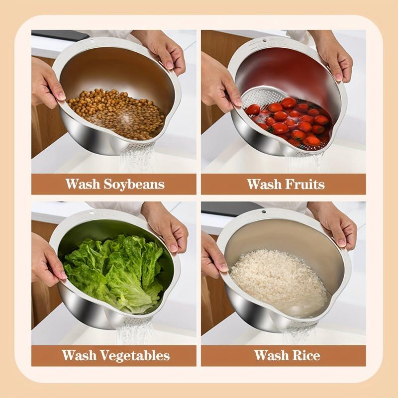 Stainless Steel Rice Washing Bowl with Strainer, 4-in-1 Washer and Strainer Bowl