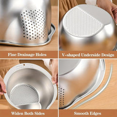 Stainless Steel Rice Washing Bowl with Strainer, 4-in-1 Washer and Strainer Bowl