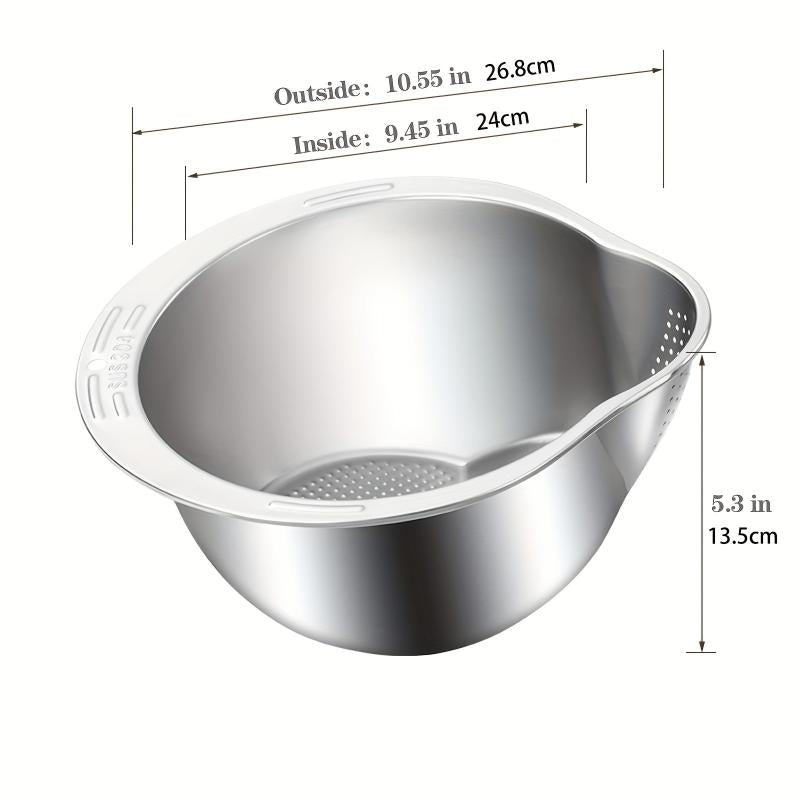 Stainless Steel Rice Washing Bowl with Strainer, 4-in-1 Washer and Strainer Bowl