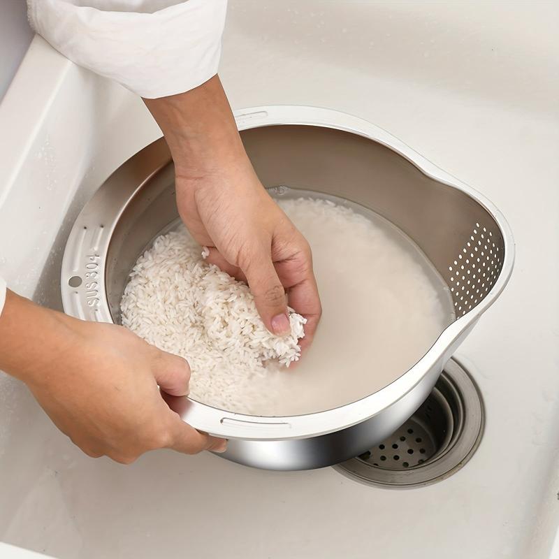 Stainless Steel Rice Washing Bowl with Strainer, 4-in-1 Washer and Strainer Bowl