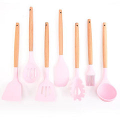 7pcs Silicone Kitchen Utensils Set Wooden Handle Cooking Spoon Shovel Spot
