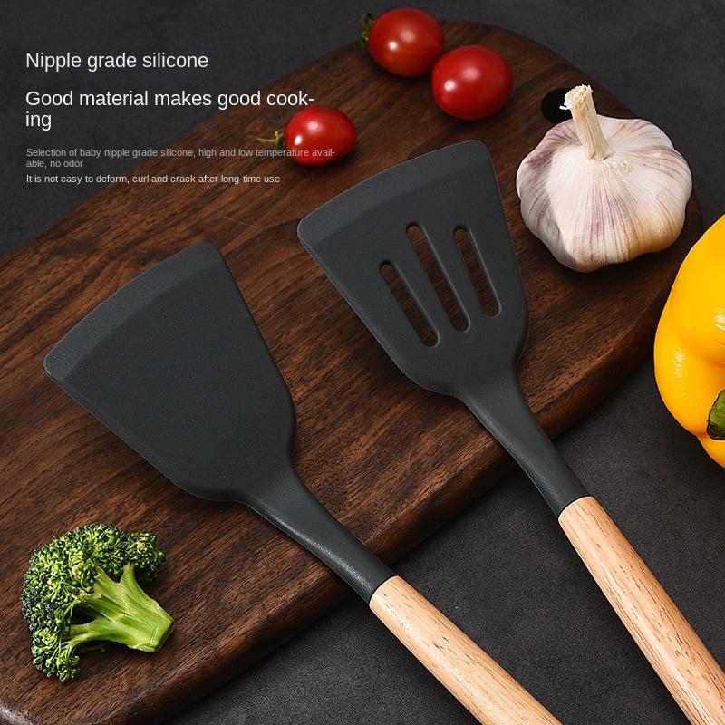 7pcs Silicone Kitchen Utensils Set Wooden Handle Cooking Spoon Shovel Spot