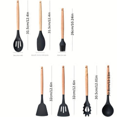 7pcs Silicone Kitchen Utensils Set Wooden Handle Cooking Spoon Shovel Spot