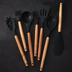7pcs Silicone Kitchen Utensils Set Wooden Handle Cooking Spoon Shovel Spot