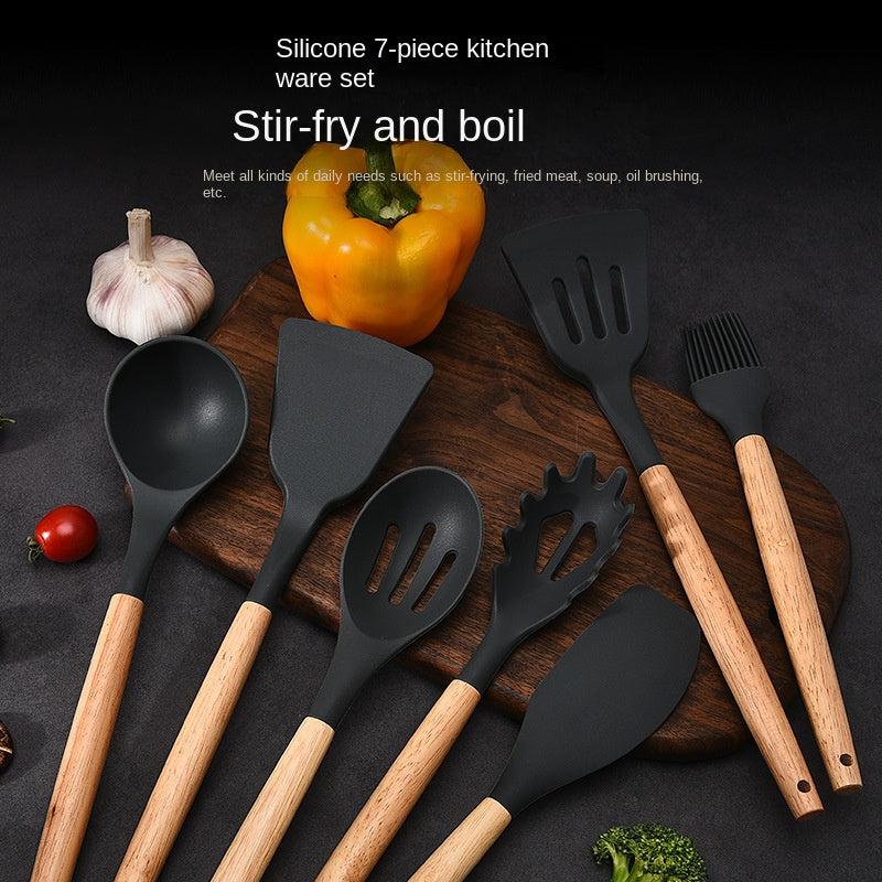 7pcs Silicone Kitchen Utensils Set Wooden Handle Cooking Spoon Shovel Spot
