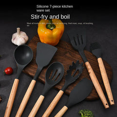 7pcs Silicone Kitchen Utensils Set Wooden Handle Cooking Spoon Shovel Spot