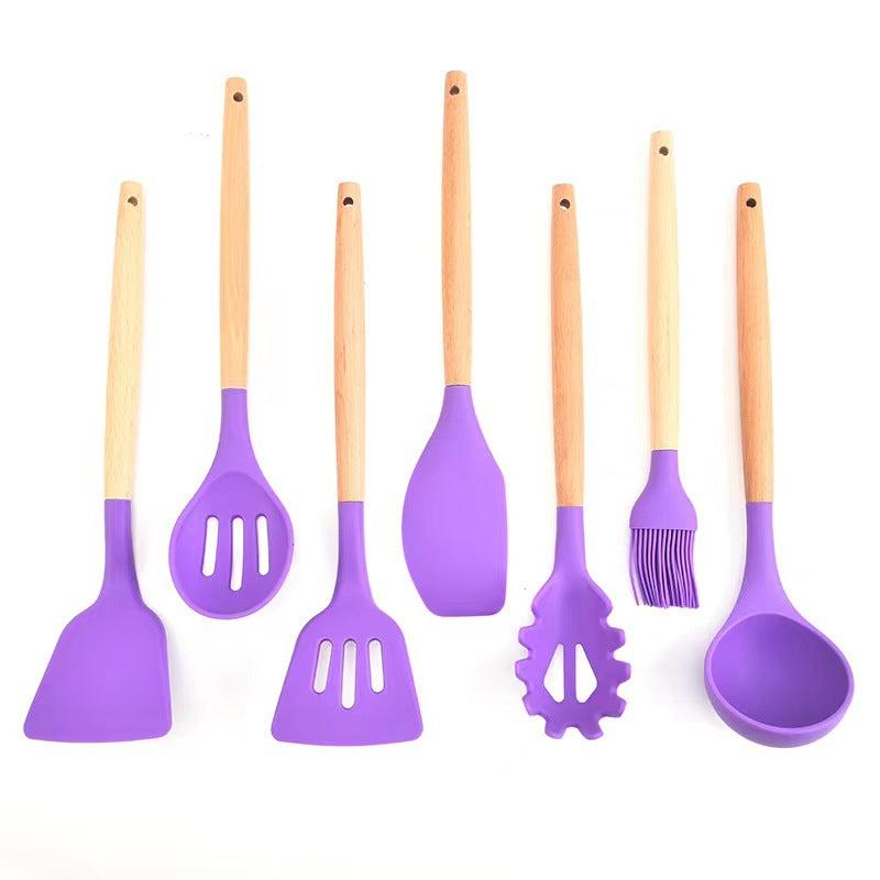 7pcs Silicone Kitchen Utensils Set Wooden Handle Cooking Spoon Shovel Spot