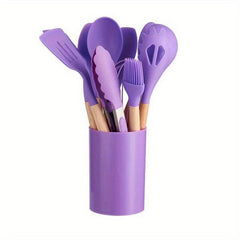 12pcs Silicone Utensil Set Cooking Non Stick Wooden Handle Storage Bucket