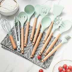 12pcs Silicone Utensil Set Cooking Non Stick Wooden Handle Storage Bucket