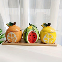 Cartoon Hand Painted Ceramic Seasoning Pot with Lid for Salt Pepper Spices