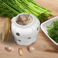 Ceramic Garlic Keeper with Bamboo Lid - Garlic Storage Container