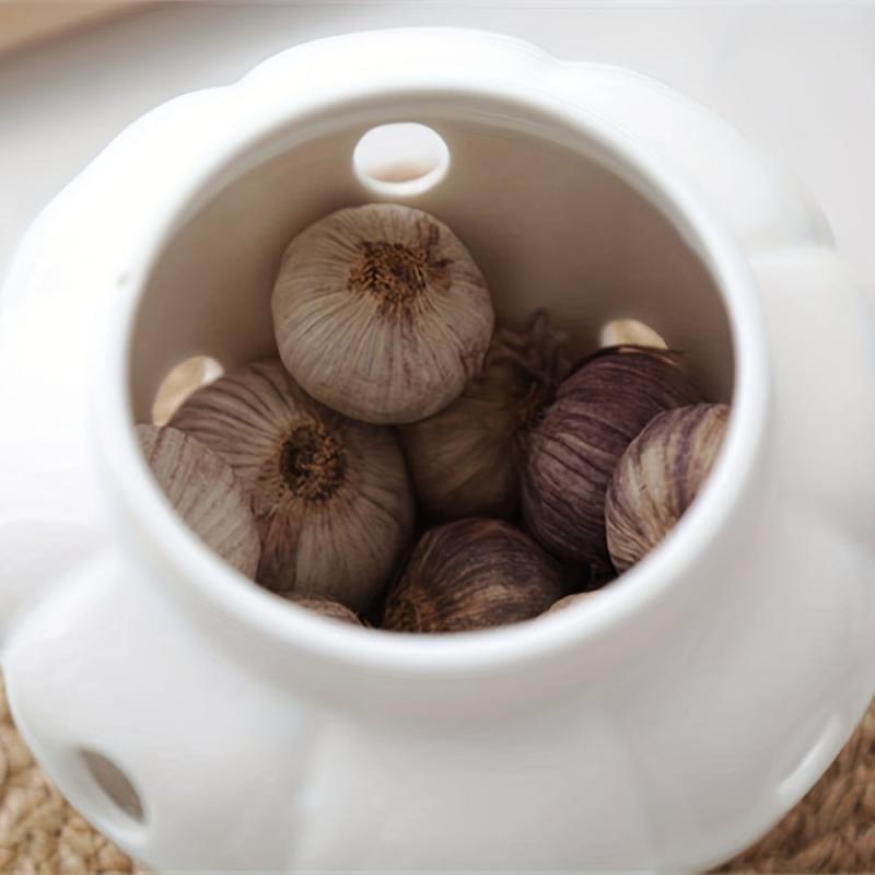Ceramic Garlic Keeper with Bamboo Lid - Garlic Storage Container