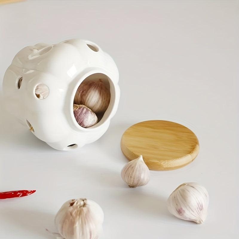 Ceramic Garlic Keeper with Bamboo Lid - Garlic Storage Container